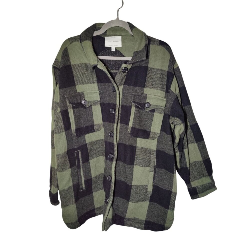 Lucky Brand Green Black Plaid Flannel Button-Up Jacket Women's Pockets Cotton L‎